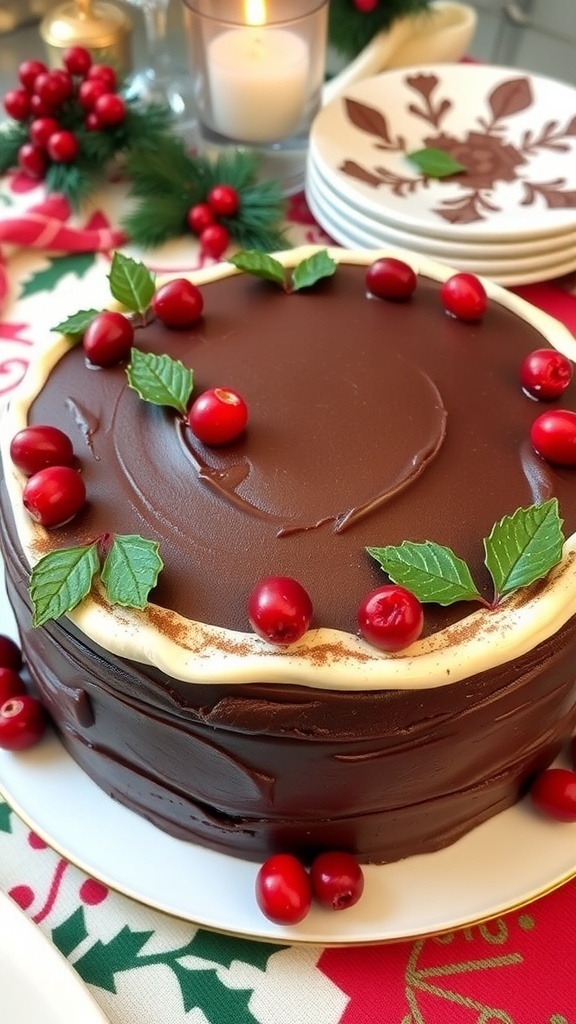 A Keto Christmas cake decorated with sugar-free frosting and festive toppings, placed on a holiday-themed table.